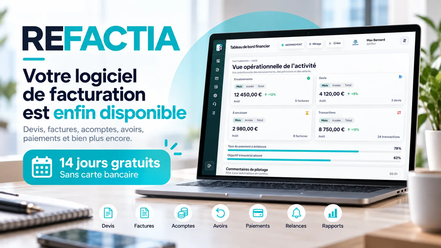 Interface du logiciel de facturation Refactia disponible avec 14 jours d’essai gratuit