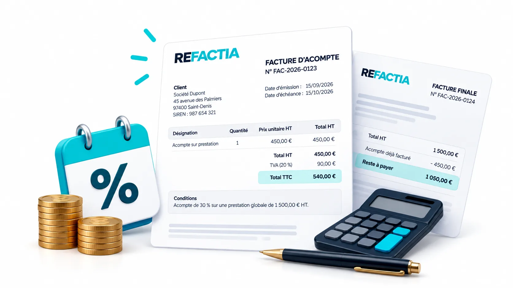 Exemple de facture d’acompte créée avec le logiciel de facturation Refactia