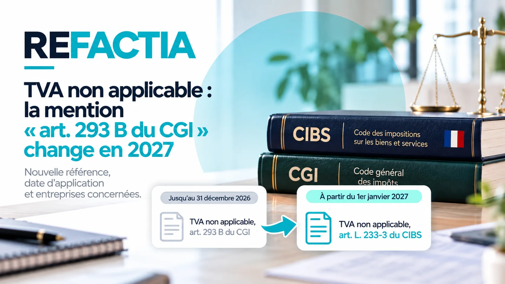 Nouvelle mention TVA non applicable L. 233-3 du CIBS à partir de 2027